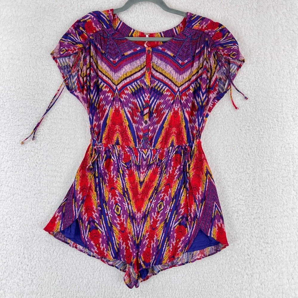 Free People Dream All Night Printed Playsuit Romper Womens Short Sleeve Size XS